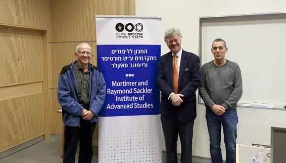 Prof. Marek Karliner, Prof. Wolfgang Schleich and Prof. Ady Arie (from left to right), Shenkar Physics Building, Tel Aviv University, March 2019. 