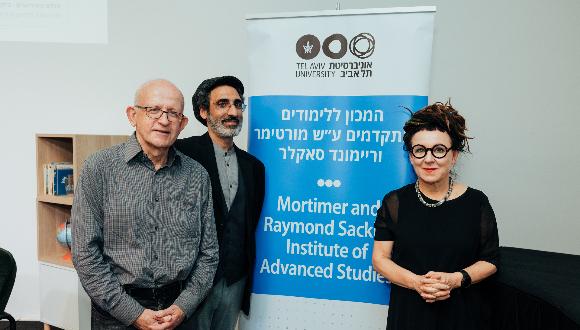 Prof. Marek Karliner (IAS Director), Prof. Galili Shahar and IAS Guest Nobel Prize Laureate Olga Tokarczuk, 23.4.23, Beit Ariela, Tel Aviv-Jaffa.