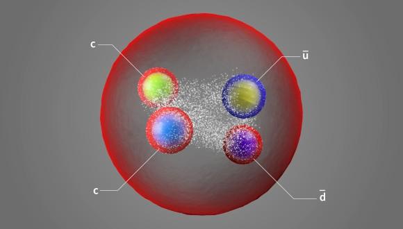 An artist's impression of the exotic new particle, Tcc+, which is made up of two charm quarks, an up antiquark and a down antiquark. Image credit: CERN.